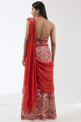 IVORY WITH RED EMBROIDERY DRAPED SKIRT SARI SET