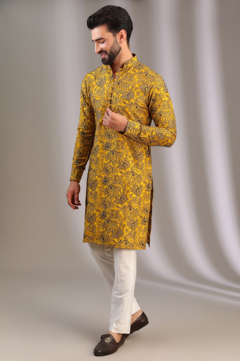 YELLOW WITH TEAL GREY & BLACK THREAD FLORAL WORK KURTA WITH OFFWHITE PANTS