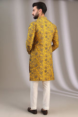 YELLOW WITH TEAL GREY & BLACK THREAD FLORAL WORK KURTA WITH OFFWHITE PANTS