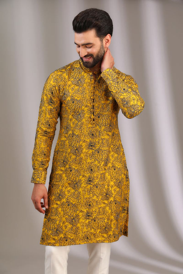 YELLOW WITH TEAL GREY & BLACK THREAD FLORAL WORK KURTA WITH OFFWHITE PANTS