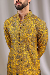 YELLOW WITH TEAL GREY & BLACK THREAD FLORAL WORK KURTA WITH OFFWHITE PANTS