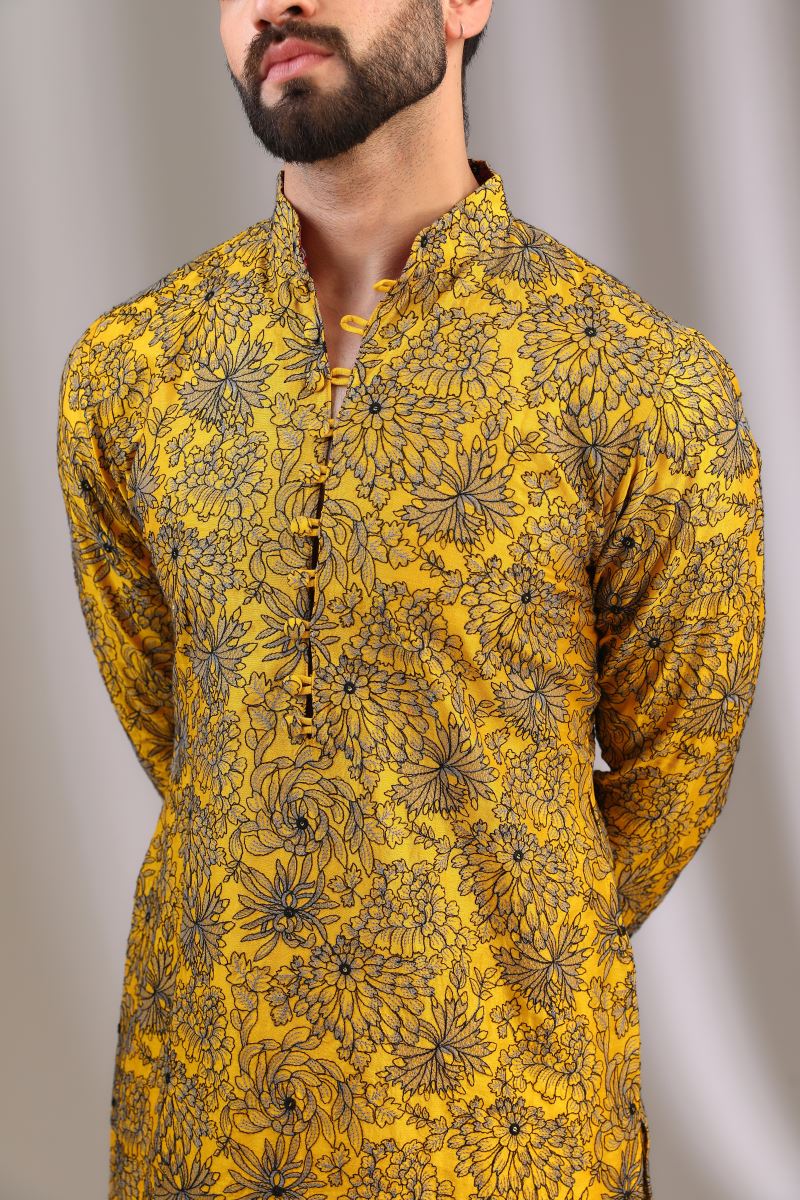 YELLOW WITH TEAL GREY & BLACK THREAD FLORAL WORK KURTA WITH OFFWHITE PANTS