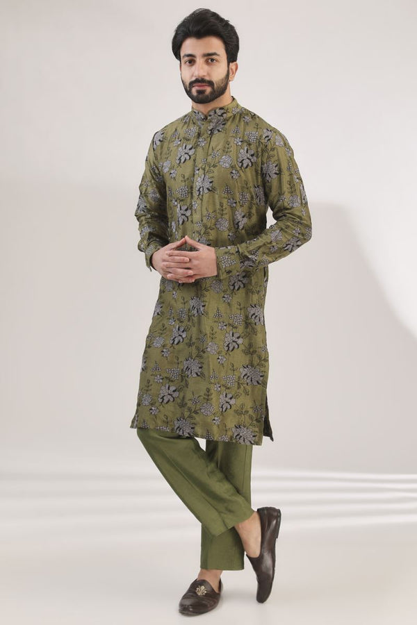 MEHENDI GREEN MULTI  FULLY EMBROIDERED DUPION SILK KURTA AND COTTON SILK PANTS