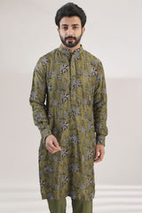 MEHENDI GREEN MULTI  FULLY EMBROIDERED DUPION SILK KURTA AND COTTON SILK PANTS