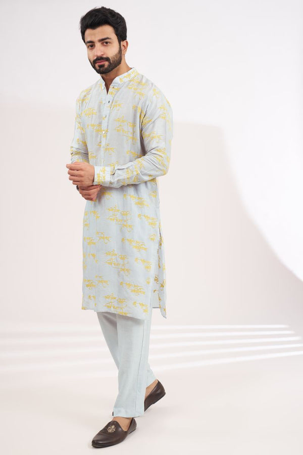 SILVER GREY SILK WITH YELLOW THREAD UNLINED KURTA AND PANTS