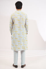 SILVER GREY SILK WITH YELLOW THREAD UNLINED KURTA AND PANTS