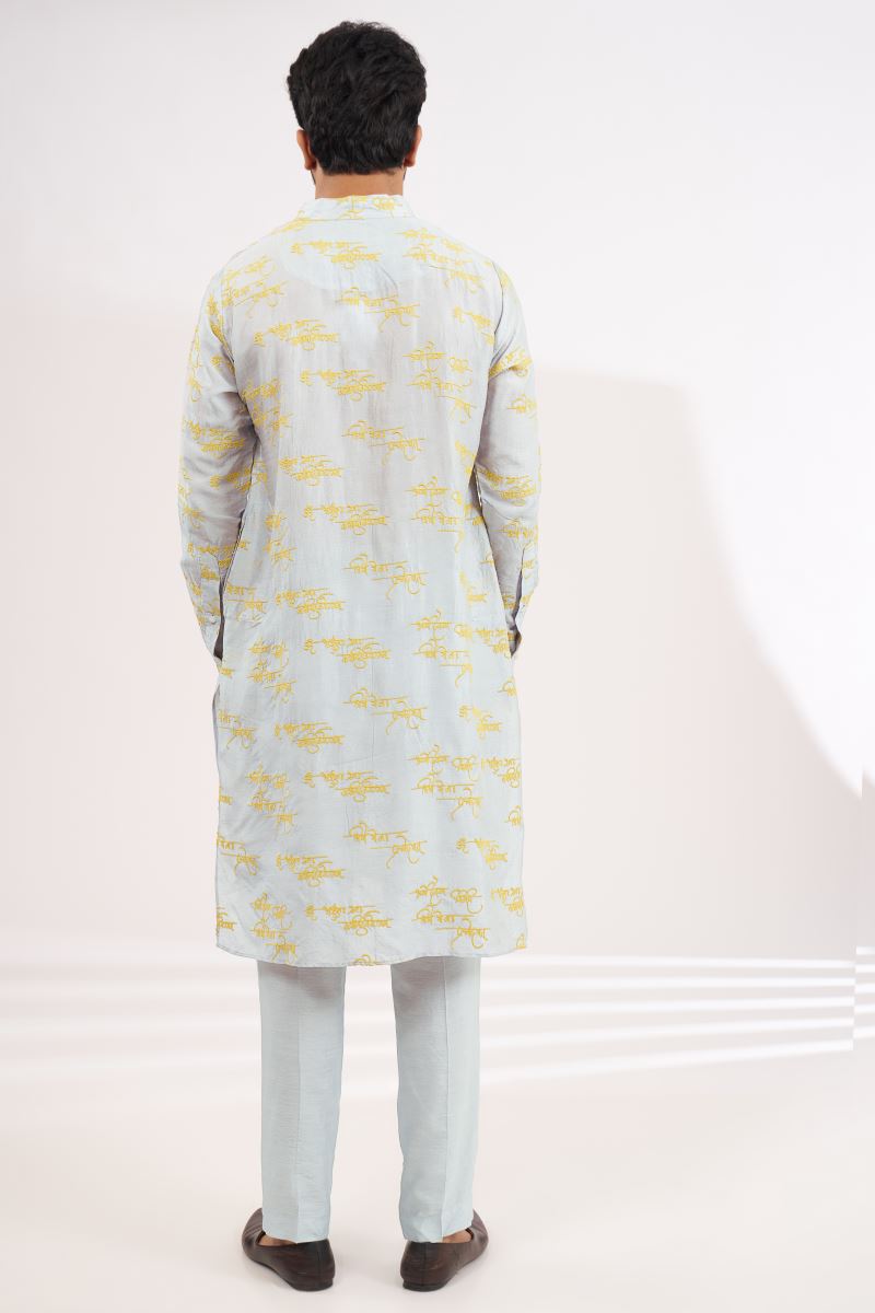 SILVER GREY SILK WITH YELLOW THREAD UNLINED KURTA AND PANTS