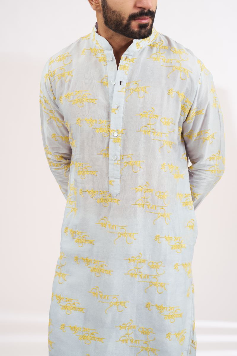 SILVER GREY SILK WITH YELLOW THREAD UNLINED KURTA AND PANTS