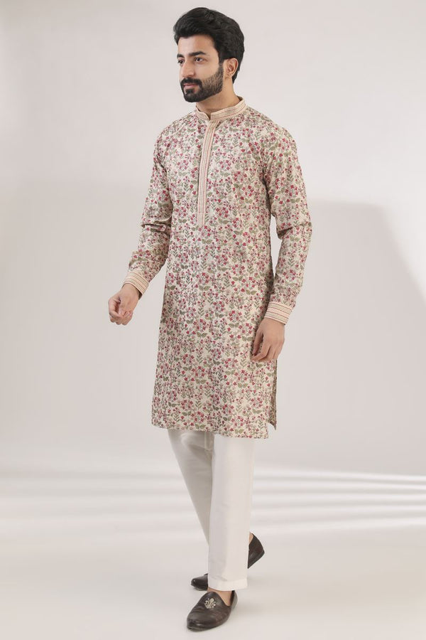 BEIGE MUNGA SILK FULLY EMBROIDERED KURTA WITH PANTS