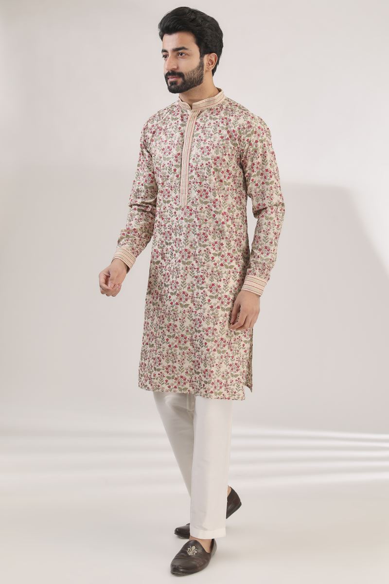 BEIGE MUNGA SILK FULLY EMBROIDERED KURTA WITH PANTS