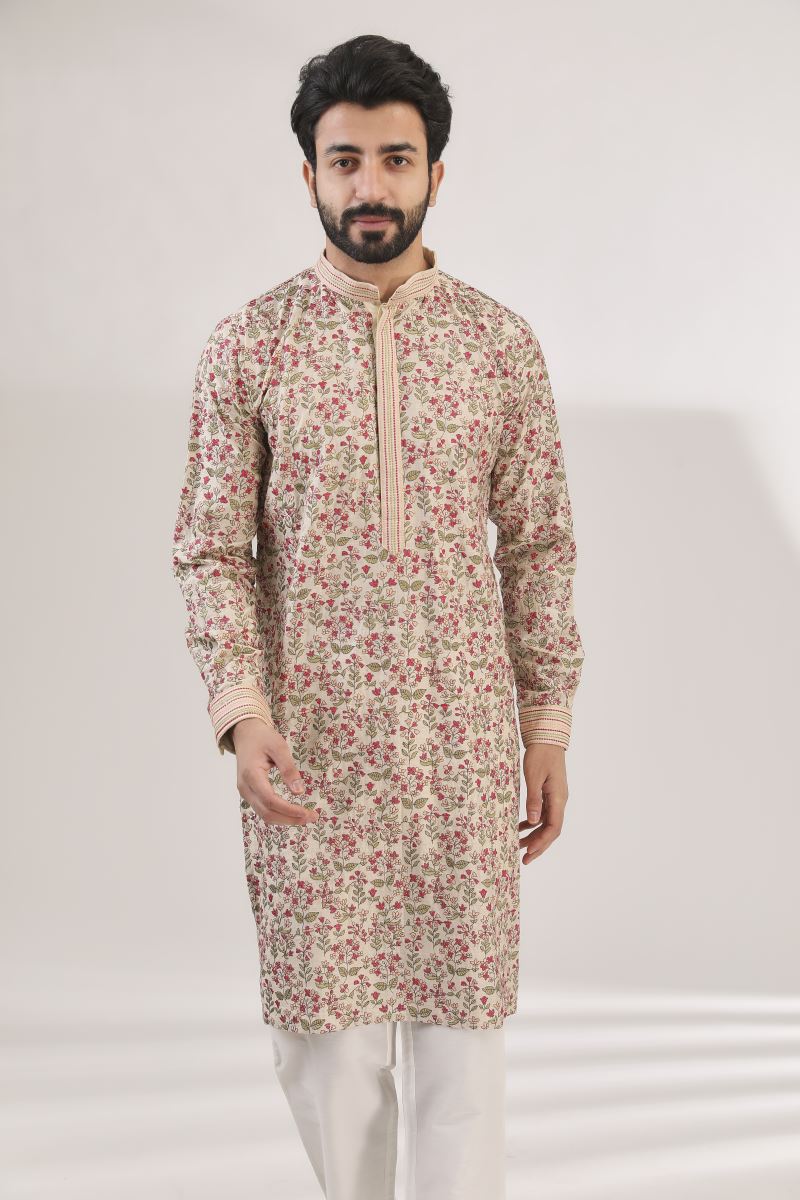 BEIGE MUNGA SILK FULLY EMBROIDERED KURTA WITH PANTS