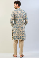 BEIGE AND BLUE THREAD PAISLEY WORK WITH PINTCK MOONGA SILK KURTA AND MACTHING COTTON SILK PANT