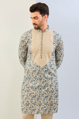 BEIGE AND BLUE THREAD PAISLEY WORK WITH PINTCK MOONGA SILK KURTA AND MACTHING COTTON SILK PANT