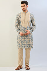 BEIGE AND BLUE THREAD PAISLEY WORK WITH PINTCK MOONGA SILK KURTA AND MACTHING COTTON SILK PANT