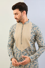 BEIGE AND BLUE THREAD PAISLEY WORK WITH PINTCK MOONGA SILK KURTA AND MACTHING COTTON SILK PANT