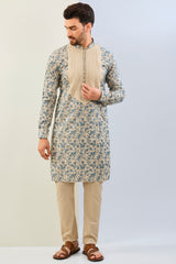 BEIGE AND BLUE THREAD PAISLEY WORK WITH PINTCK MOONGA SILK KURTA AND MACTHING COTTON SILK PANT