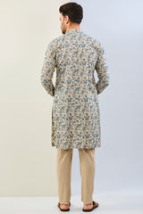 BEIGE AND BLUE THREAD PAISLEY WORK WITH PINTCK MOONGA SILK KURTA AND MACTHING COTTON SILK PANT