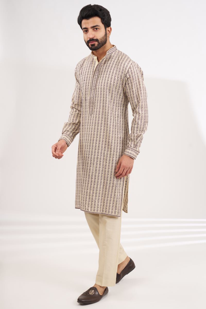 BEIGE MUNGA SILK FULLY EMBROIDERED KURTA WITH PANTS