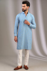 PALE BLUE KURTA WITH SILVER ZARI LOTUS WORK WITH IVORY PANTS