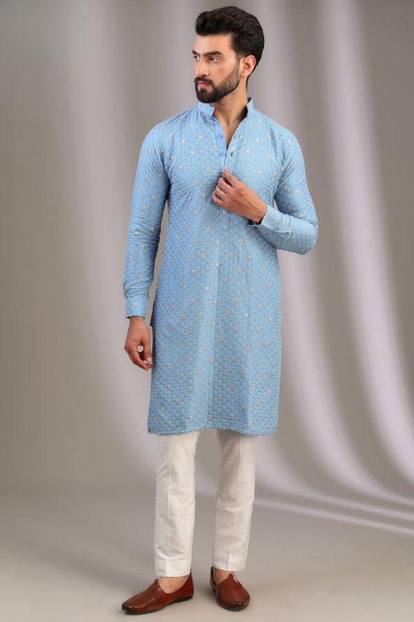 PALE BLUE KURTA WITH SILVER ZARI LOTUS WORK WITH IVORY PANTS