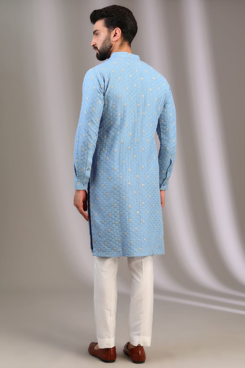 PALE BLUE KURTA WITH SILVER ZARI LOTUS WORK WITH IVORY PANTS