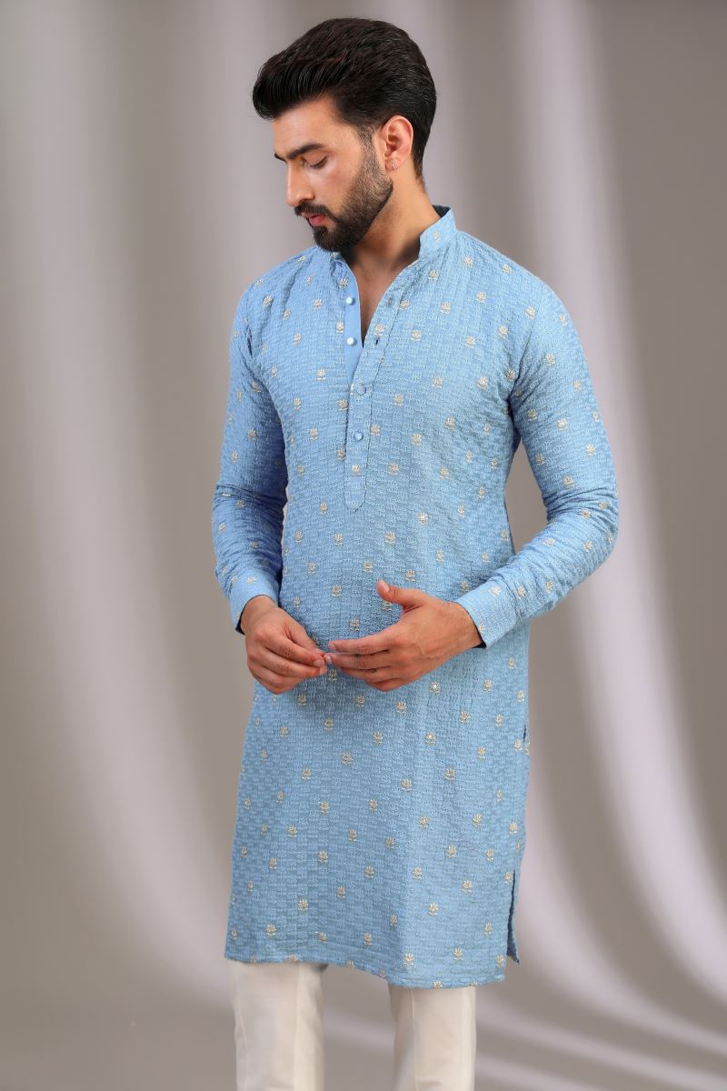 PALE BLUE KURTA WITH SILVER ZARI LOTUS WORK WITH IVORY PANTS