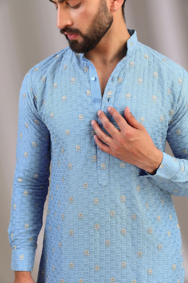 PALE BLUE KURTA WITH SILVER ZARI LOTUS WORK WITH IVORY PANTS