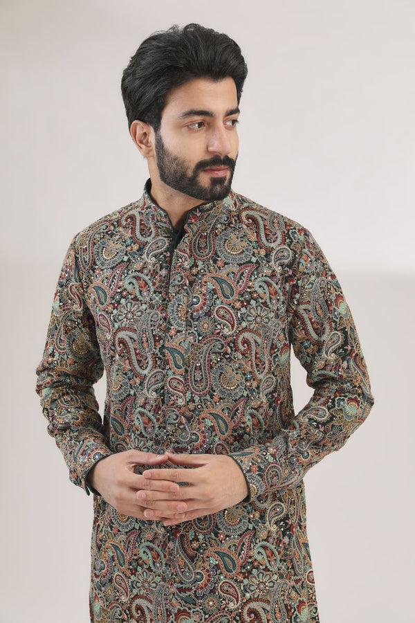 BOTTLE GREEN FULLY EMBROIDERED KURTA WITH PANTS