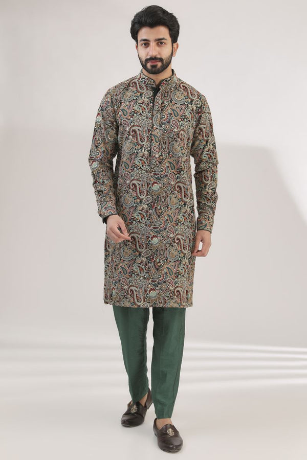 BOTTLE GREEN FULLY EMBROIDERED KURTA WITH PANTS