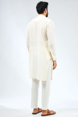 IVORY SILK UNLINED PINTUCK KURTA WITH MATCHING COTTON SILK PANTS