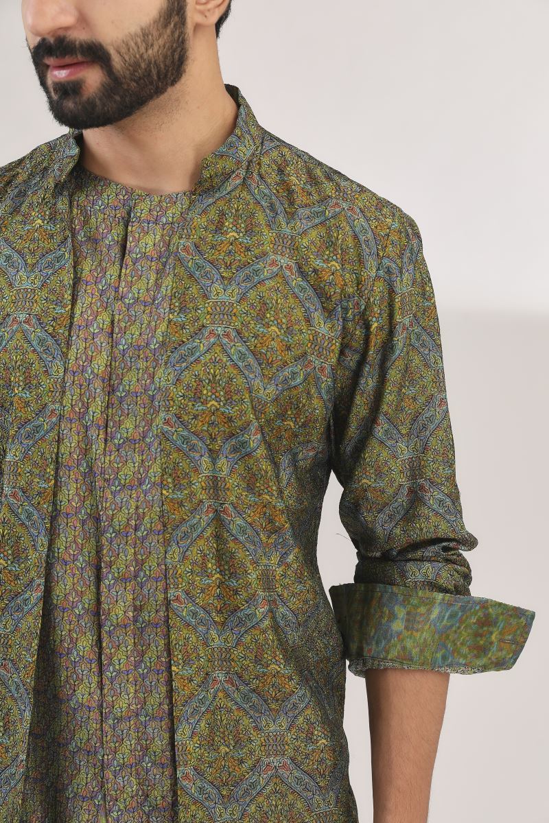 GREEN MULTI PRINT INDO-WESTERN KURTA WITH PANTS