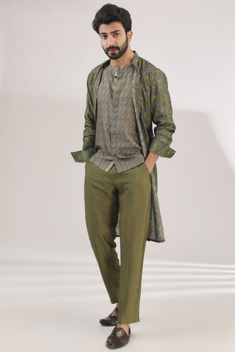 GREEN MULTI PRINT INDO-WESTERN KURTA WITH PANTS