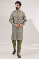 GREEN MULTI PRINT FULLY EMBROIDERED SILK KURTA WITH PANTS