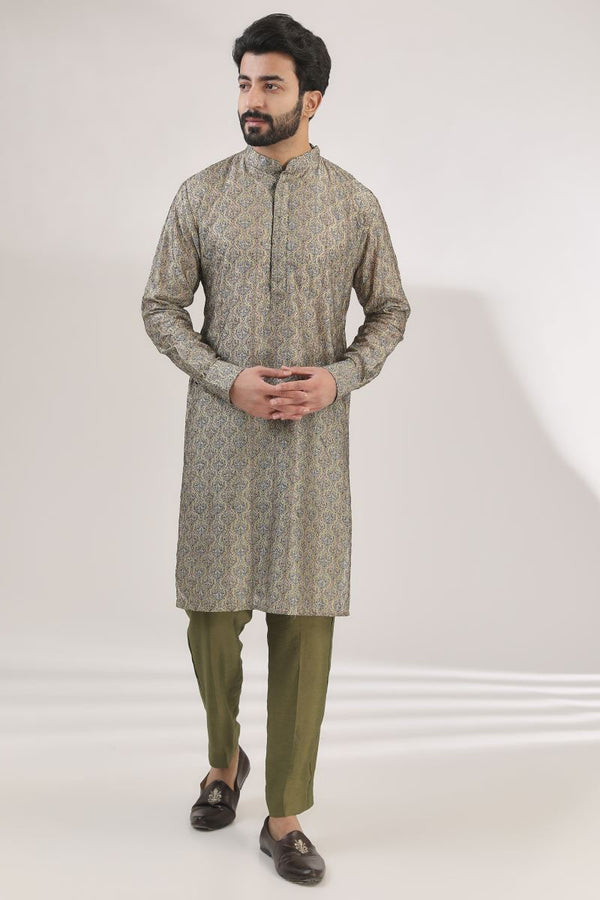 GREEN MULTI PRINT FULLY EMBROIDERED SILK KURTA WITH PANTS