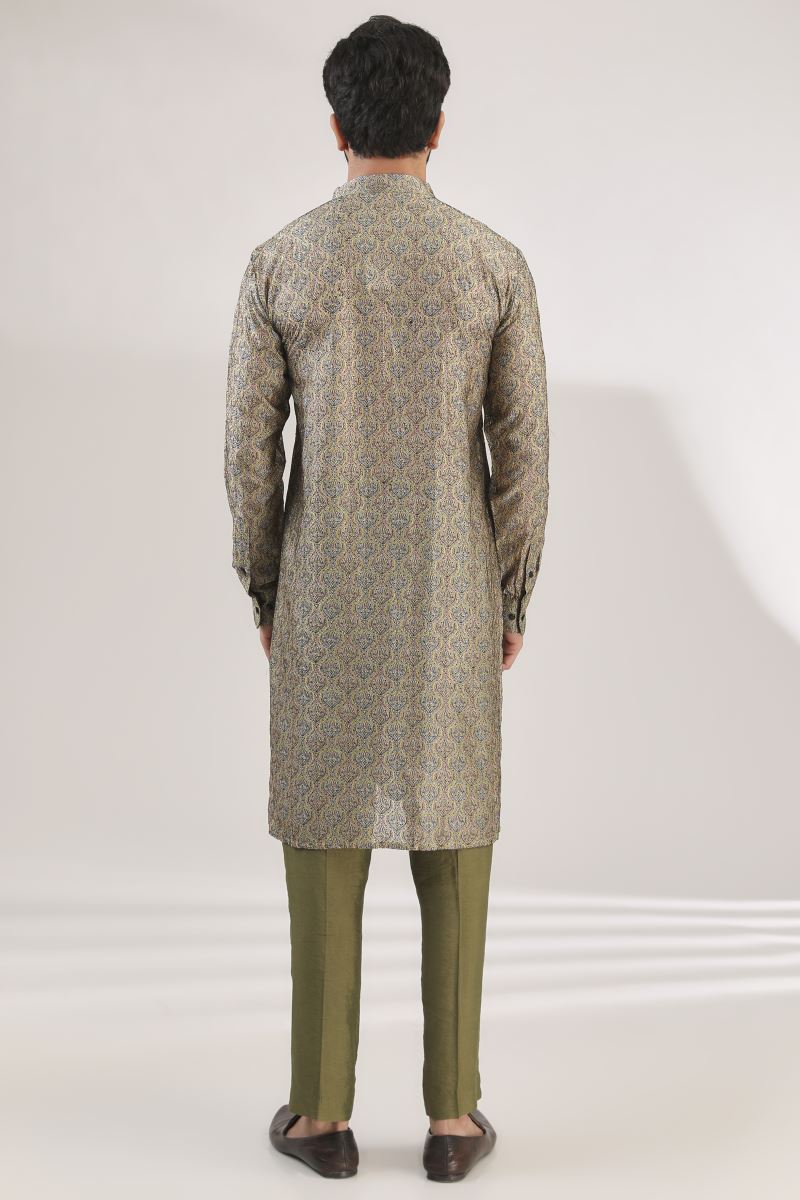 GREEN MULTI PRINT FULLY EMBROIDERED SILK KURTA WITH PANTS