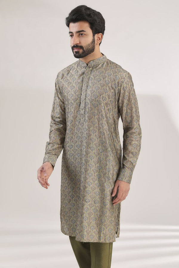 GREEN MULTI PRINT FULLY EMBROIDERED SILK KURTA WITH PANTS