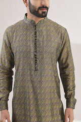 GREEN MULTI PRINT FULLY EMBROIDERED SILK KURTA WITH COTTON SILK PANTS