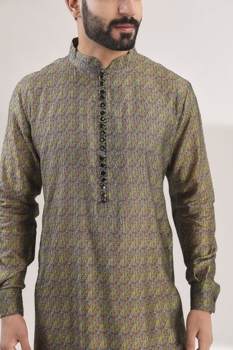 GREEN MULTI PRINT FULLY EMBROIDERED SILK KURTA WITH COTTON SILK PANTS