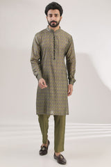 GREEN MULTI PRINT FULLY EMBROIDERED SILK KURTA WITH COTTON SILK PANTS