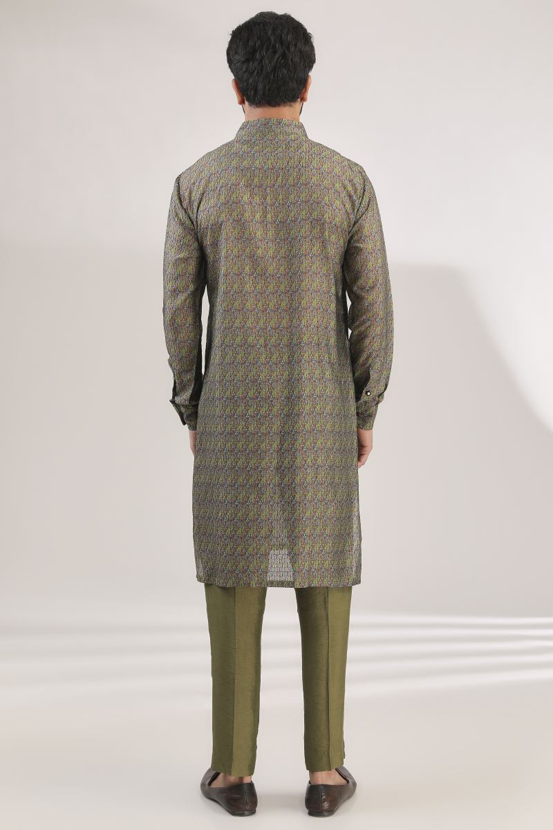 GREEN MULTI PRINT FULLY EMBROIDERED SILK KURTA WITH COTTON SILK PANTS