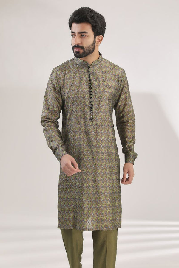 GREEN MULTI PRINT FULLY EMBROIDERED SILK KURTA WITH COTTON SILK PANTS