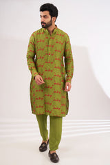 OLIVE GREEN POOJA UNLINED KURTA WITH PANTS