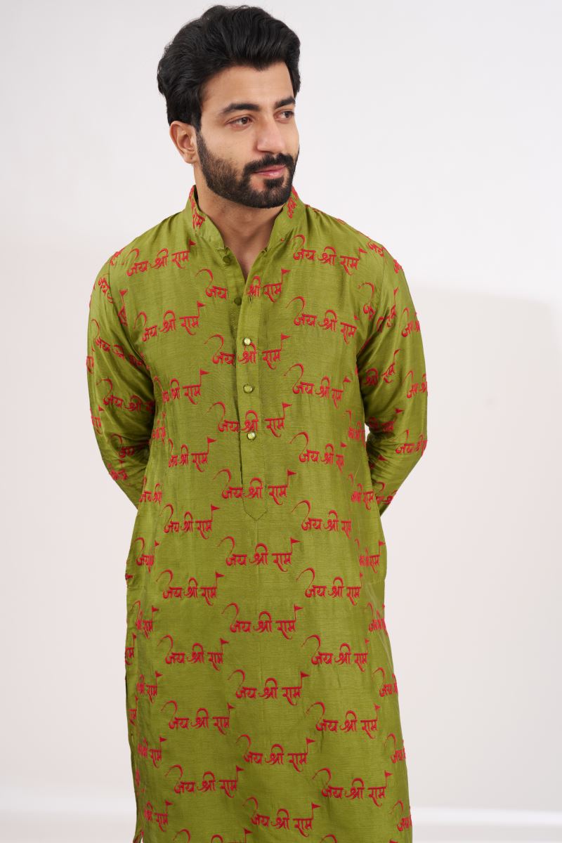 OLIVE GREEN POOJA UNLINED KURTA WITH PANTS