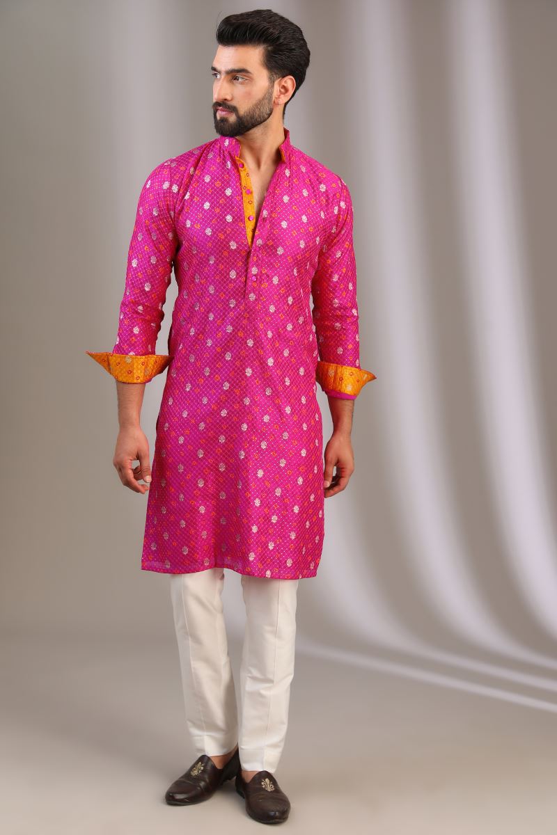 FUCHSIA PINK KURTA WITH SILVERAND YELLOW BOOTI SEQUINS WITH OFFWHITE PANTS