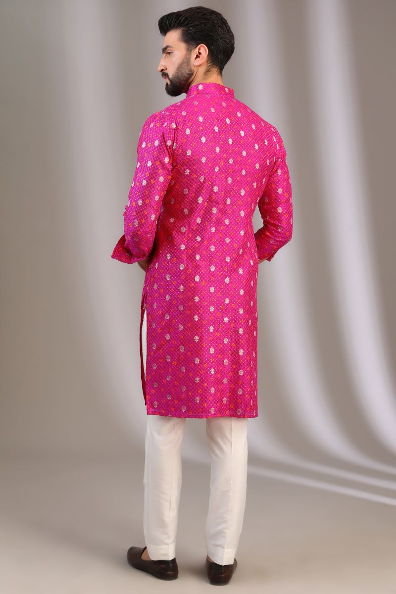 FUCHSIA PINK KURTA WITH SILVERAND YELLOW BOOTI SEQUINS WITH OFFWHITE PANTS