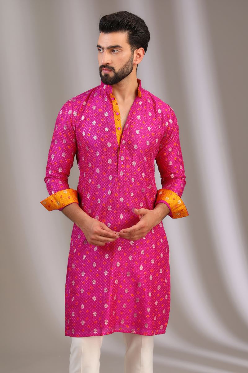 FUCHSIA PINK KURTA WITH SILVERAND YELLOW BOOTI SEQUINS WITH OFFWHITE PANTS