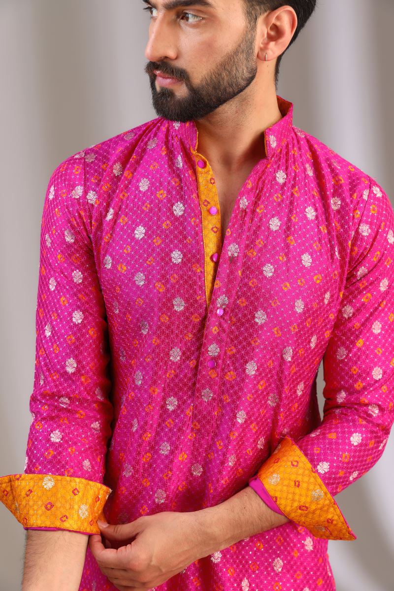 FUCHSIA PINK KURTA WITH SILVERAND YELLOW BOOTI SEQUINS WITH OFFWHITE PANTS