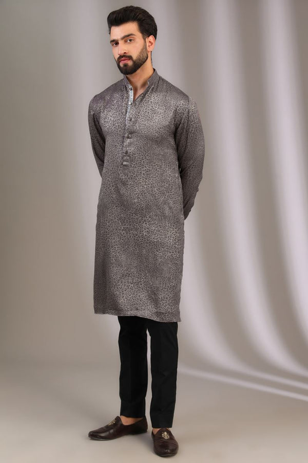 GREY PRINT SILK KURTA WITH PANTS