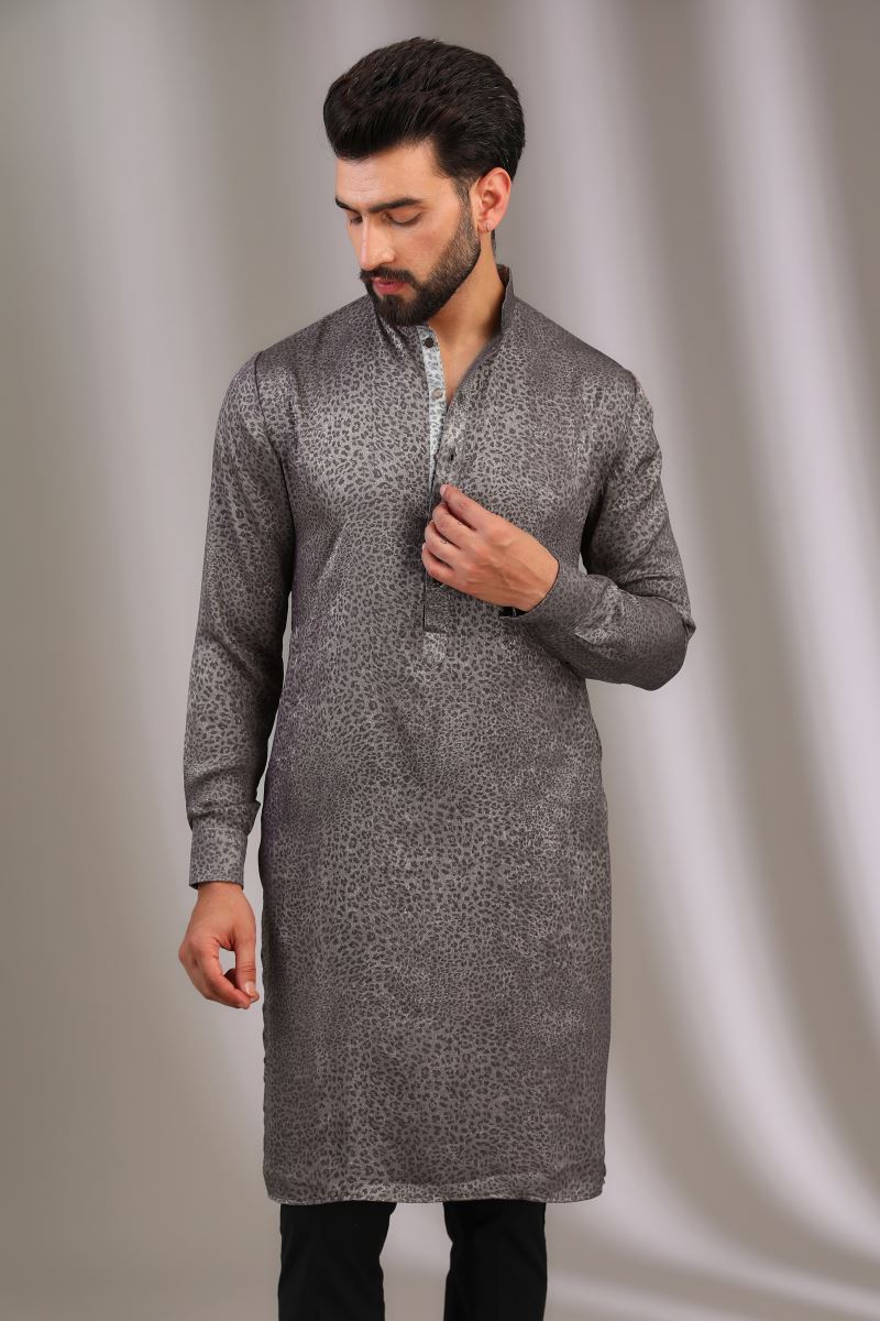 GREY PRINT SILK KURTA WITH PANTS