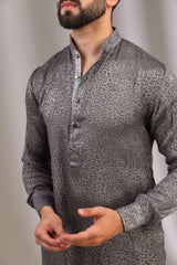 GREY PRINT SILK KURTA WITH PANTS